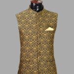Golden Jacquard Waistcoat with Navy Blue Suit – Wedding & Festive Wear