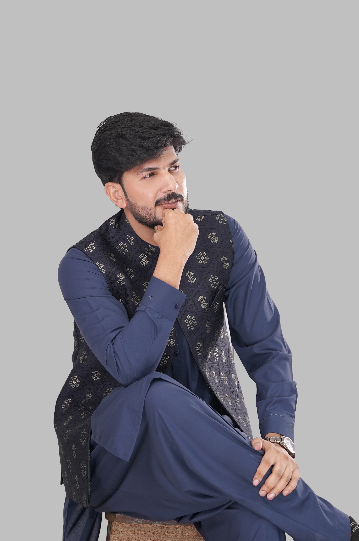 Navy Blue Embroidered Waistcoat with Matching Suit – Premium Festive Wear